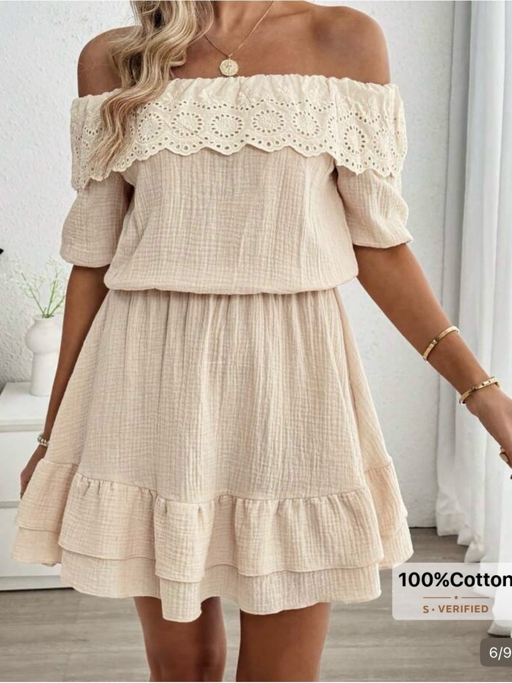 Off-Shoulder Cream Ruffle Cotton Dress